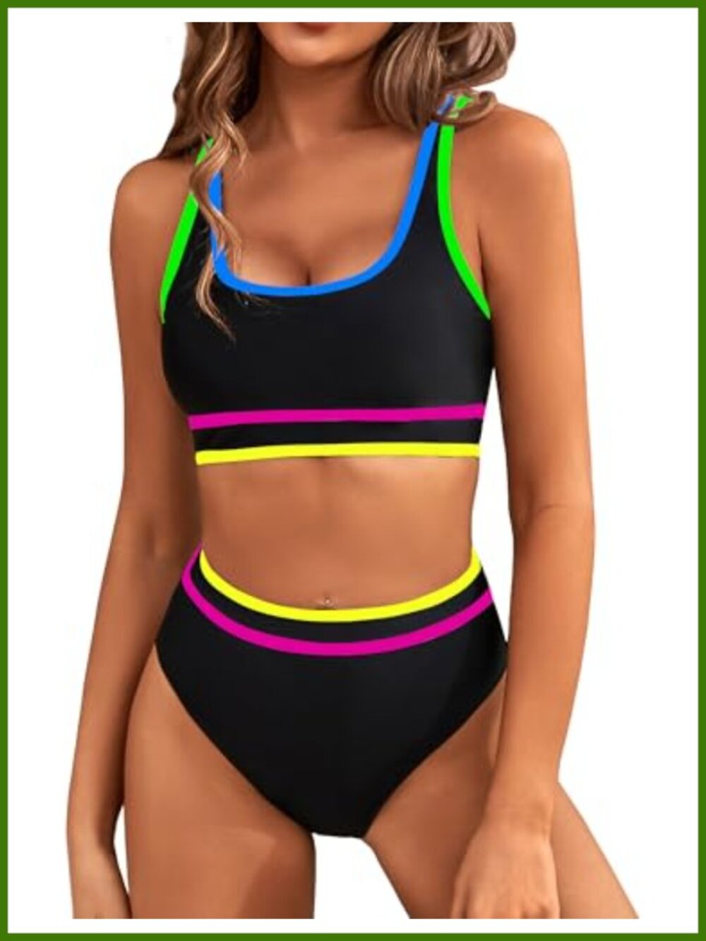 High Waisted Two Piece Bikini Set Sporty Color Block Swimsuits